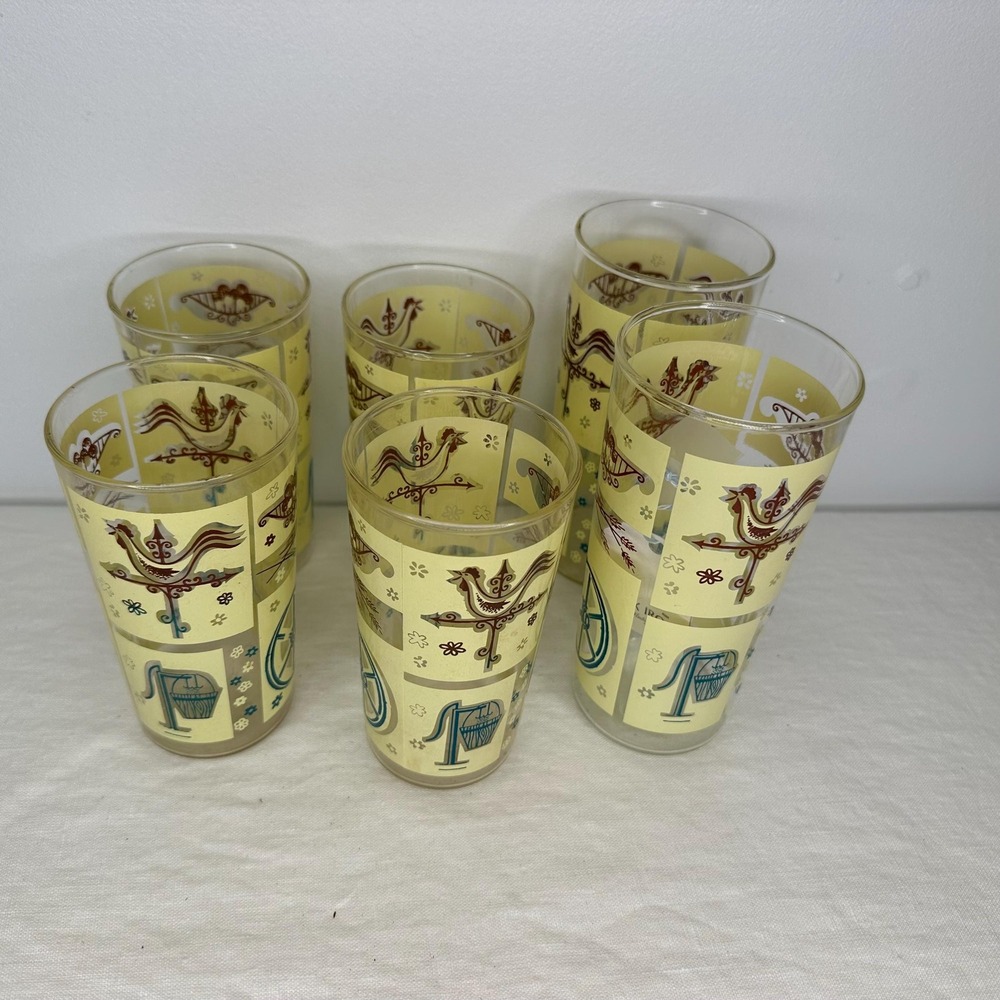 Vintage Mid Century Modern Yellow Rooster Wagon Wheel Glasses Set of 6